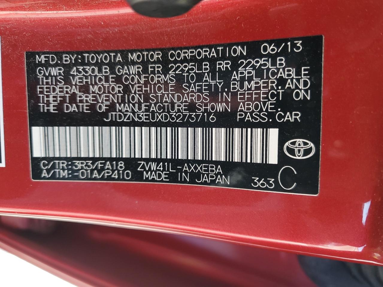 2013 Toyota Prius VIN JTDZN3EUXD3273716 Copart auction photo, vandalism damage thumbnail 12