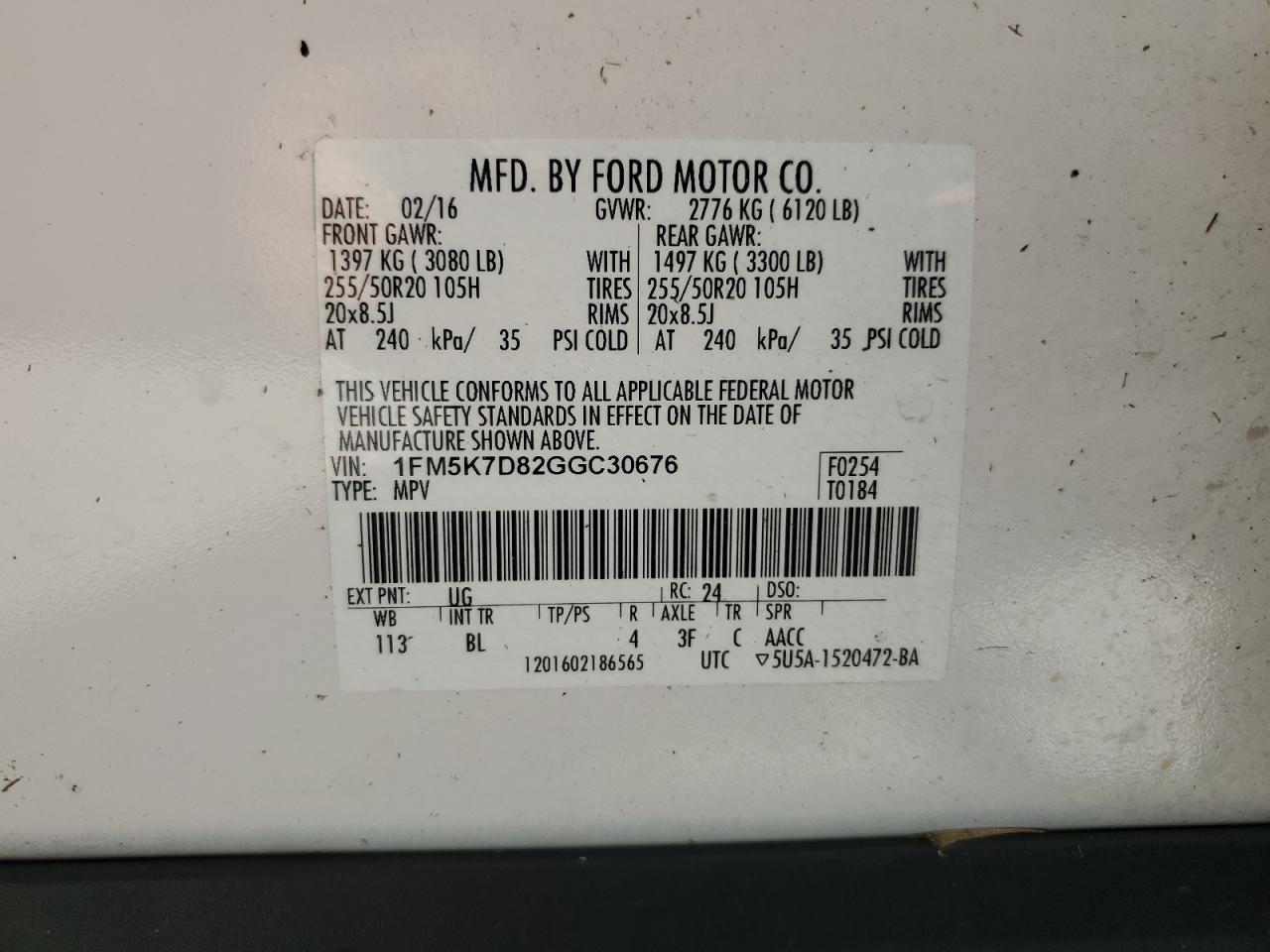 2016 Ford Explorer VIN 1FM5K7D82GGC30676 Copart auction photo, water/flood damage thumbnail 13
