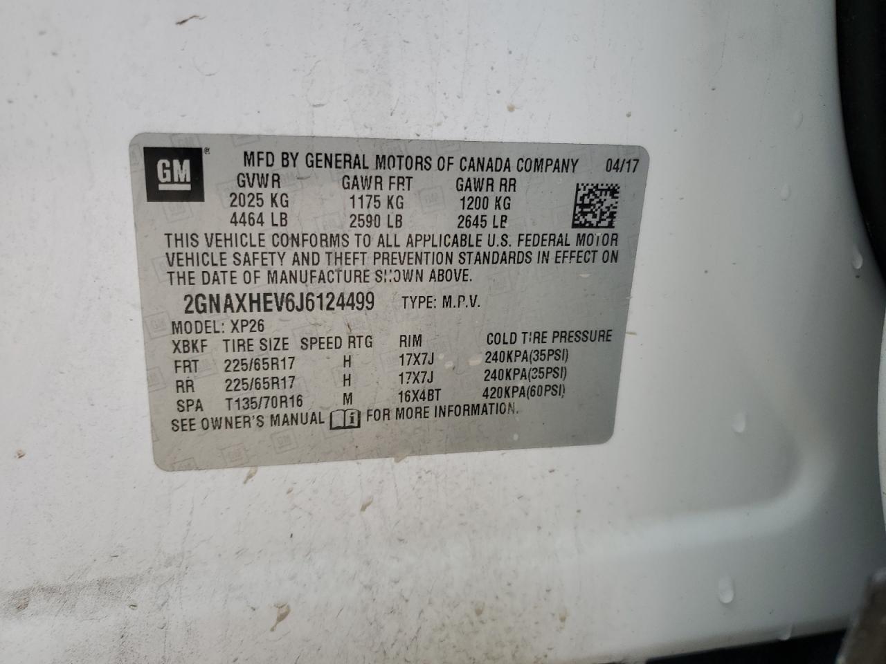 2018 Chevrolet Equinox VIN 2GNAXHEV6J6124499 Copart auction photo, front end damage thumbnail 14