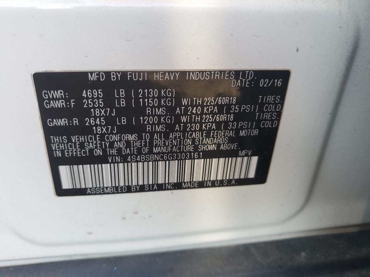 2016 Subaru Outback VIN 4S4BSBNC6G3303161 Copart auction photo, hail / mechanical damage thumbnail 13