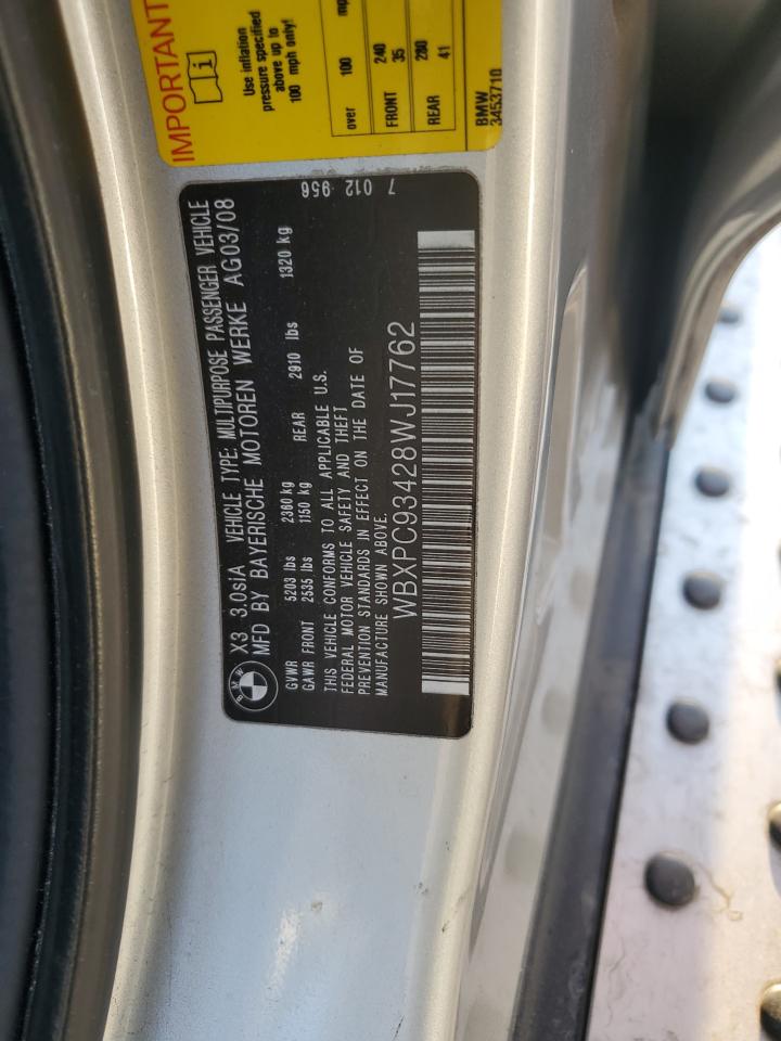 2008 BMW X3 VIN WBXPC93428WJ17762 Copart auction photo, front end damage thumbnail 13