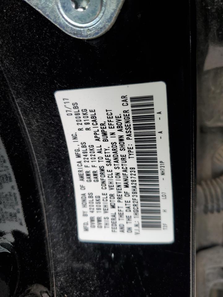 2017 Honda Accord VIN 1HGCR2F39HA267239 Copart auction photo, front end damage thumbnail 14