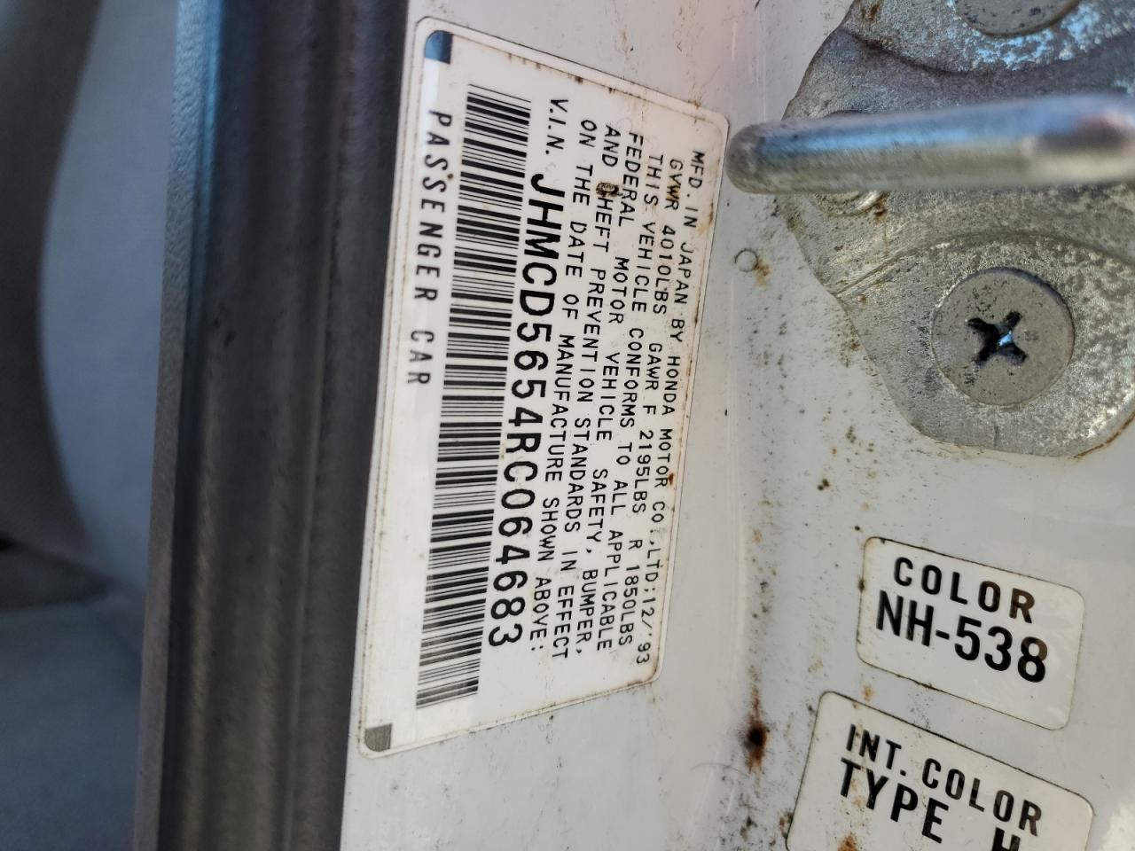1994 Honda Accord VIN JHMCD5654RC064683 Copart auction photo, front end / side damage thumbnail 13