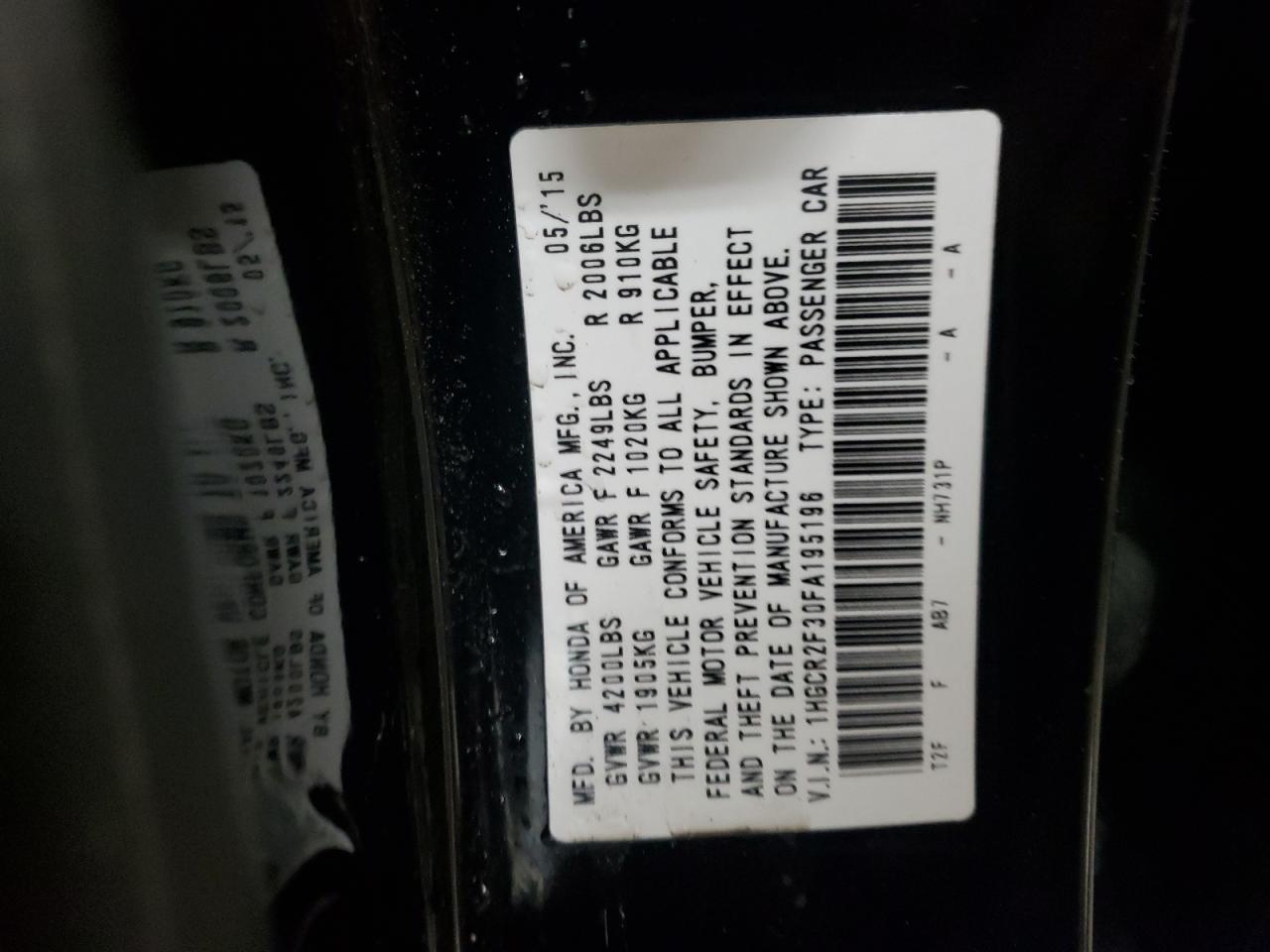 2015 Honda Accord VIN 1HGCR2F30FA195196 Copart auction photo, front end damage thumbnail 13