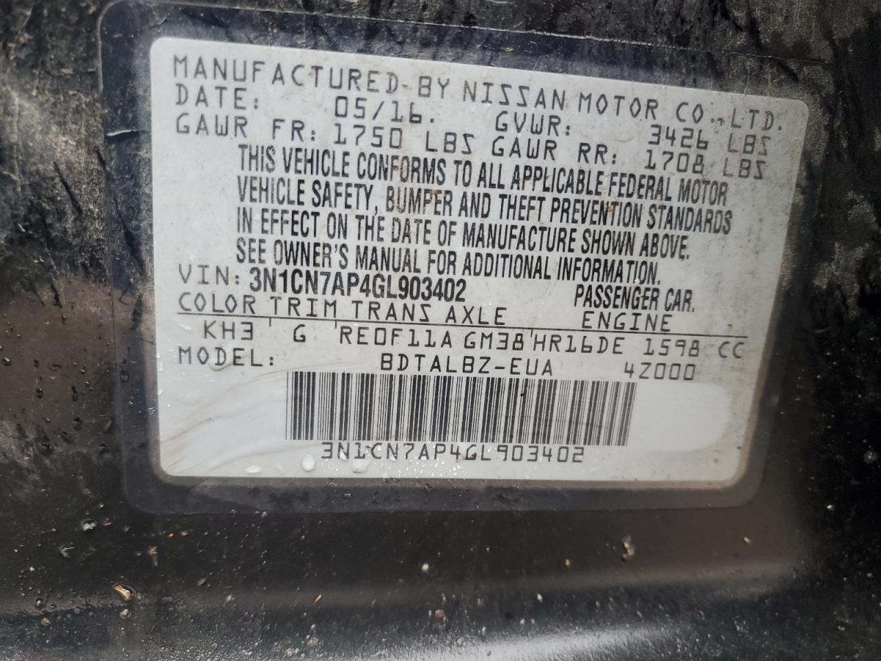 2016 Nissan Versa VIN 3N1CN7AP4GL903402 Copart auction photo, all over damage thumbnail 12