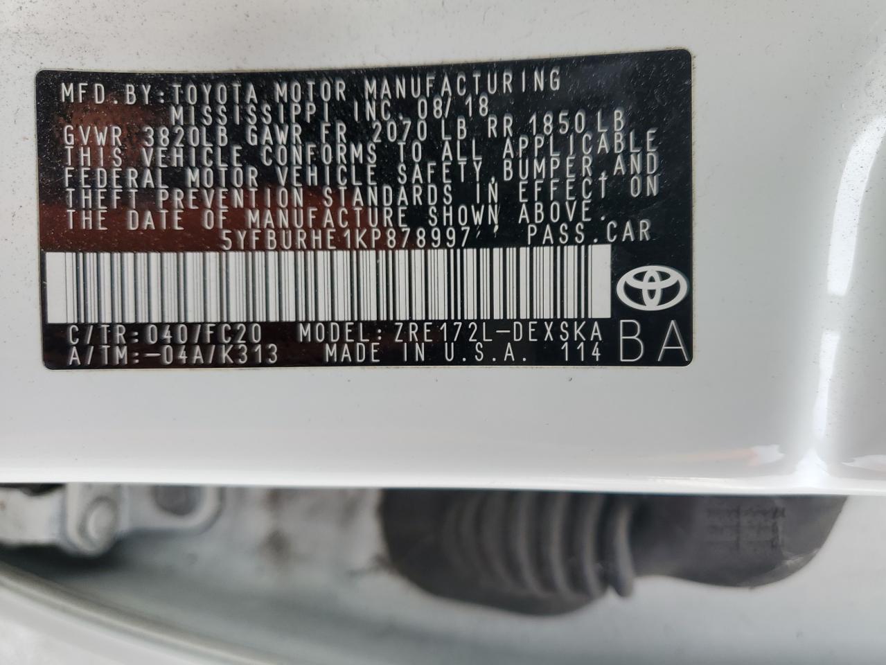 2019 Toyota Corolla VIN 5YFBURHE1KP878997 Copart auction photo, rear end / all over damage thumbnail 14