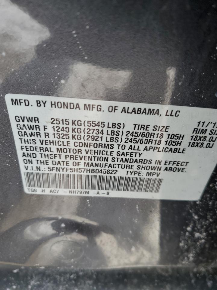 2017 Honda Pilot VIN 5FNYF5H57HB045822 Copart auction photo, front end / side damage thumbnail 15