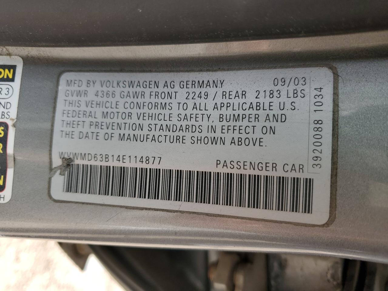 2004 Volkswagen Passat VIN WVWMD63B14E114877 Copart auction photo, front end damage thumbnail 12