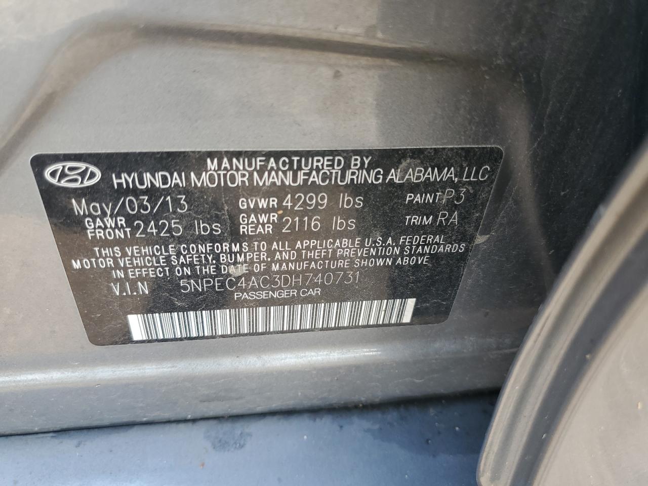 2013 Hyundai Sonata VIN 5NPEC4AC3DH740731 Copart auction photo, front end damage thumbnail 12
