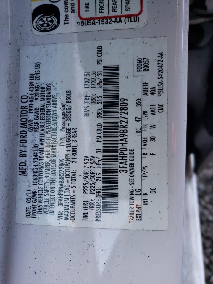 2011 Ford Fusion VIN 3FAHP0HA9BR272809 Copart auction photo, all over damage thumbnail 12