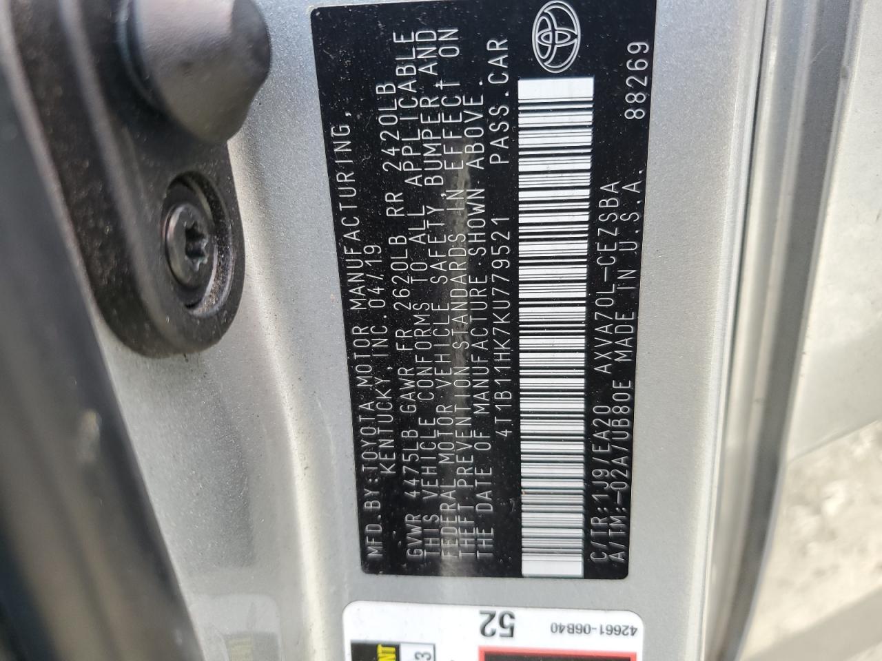 2019 Toyota Camry VIN 4T1B11HK7KU779521 Copart auction photo, rear end / front end damage thumbnail 14