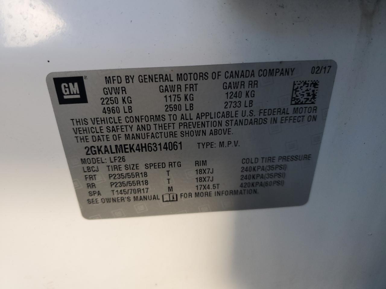 2017 GMC Terrain VIN 2GKALMEK4H6314061 Copart auction photo, front end / side damage thumbnail 13