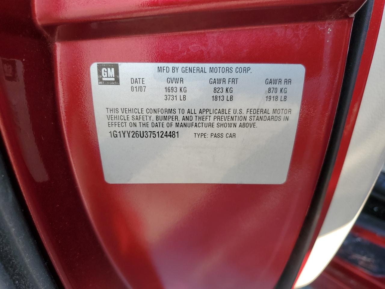 2007 Chevrolet Corvette VIN 1G1YY26U375124481 Copart auction photo, vandalism damage thumbnail 14