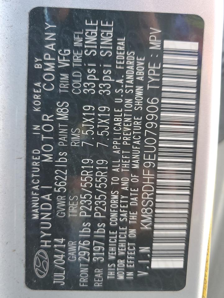 2014 Hyundai Santa Fe VIN KM8SRDHF9EU079906 Copart auction photo, rear end / front end damage thumbnail 14