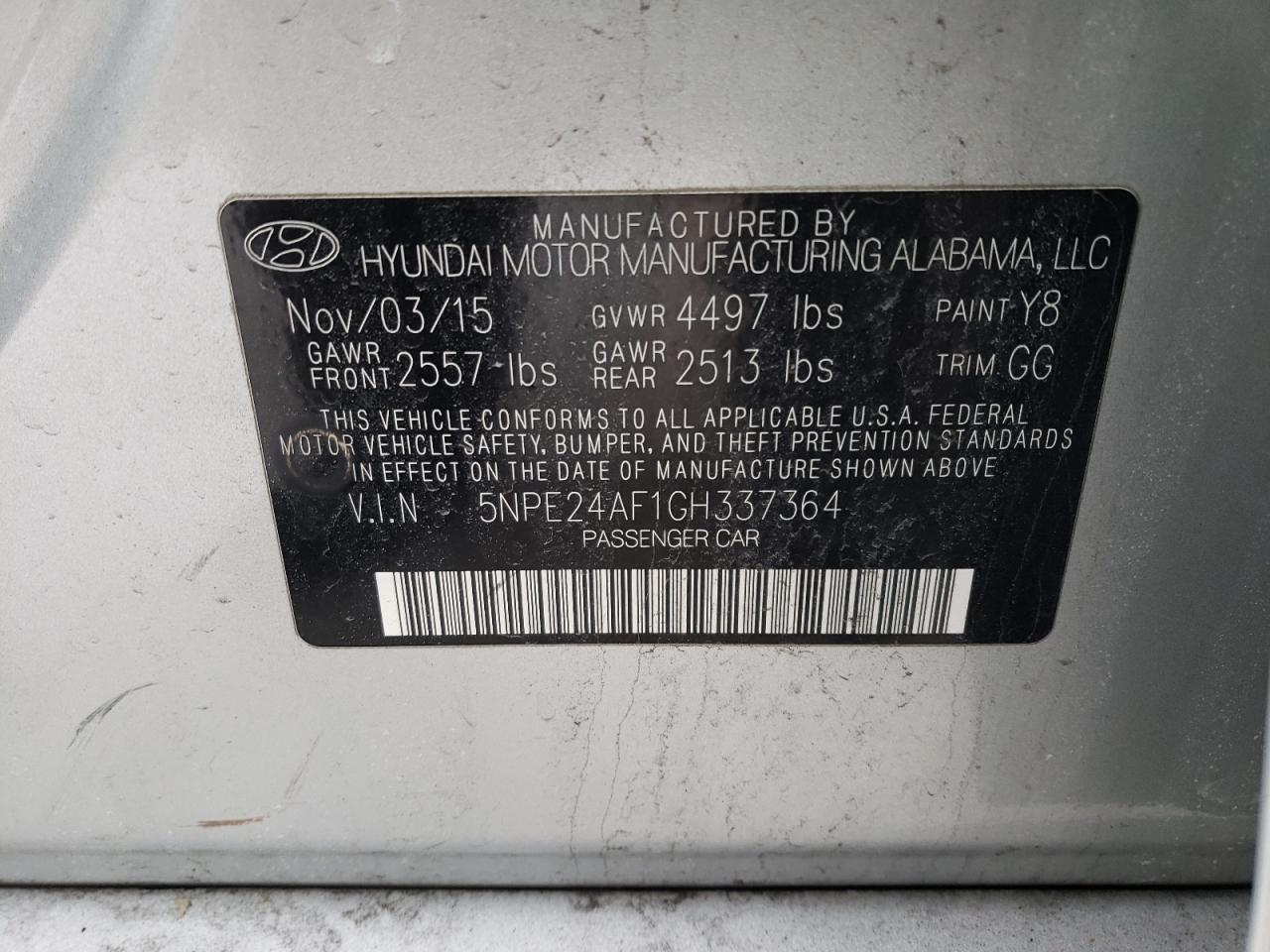 2016 Hyundai Sonata VIN 5NPE24AF1GH337364 Copart auction photo, mechanical / rear end damage thumbnail 12