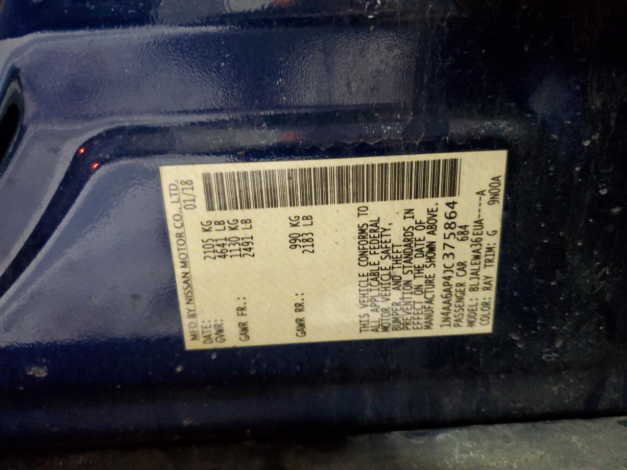 2018 Nissan Maxima VIN 1N4AA6AP4JC375864 Copart auction photo, front end damage thumbnail 12