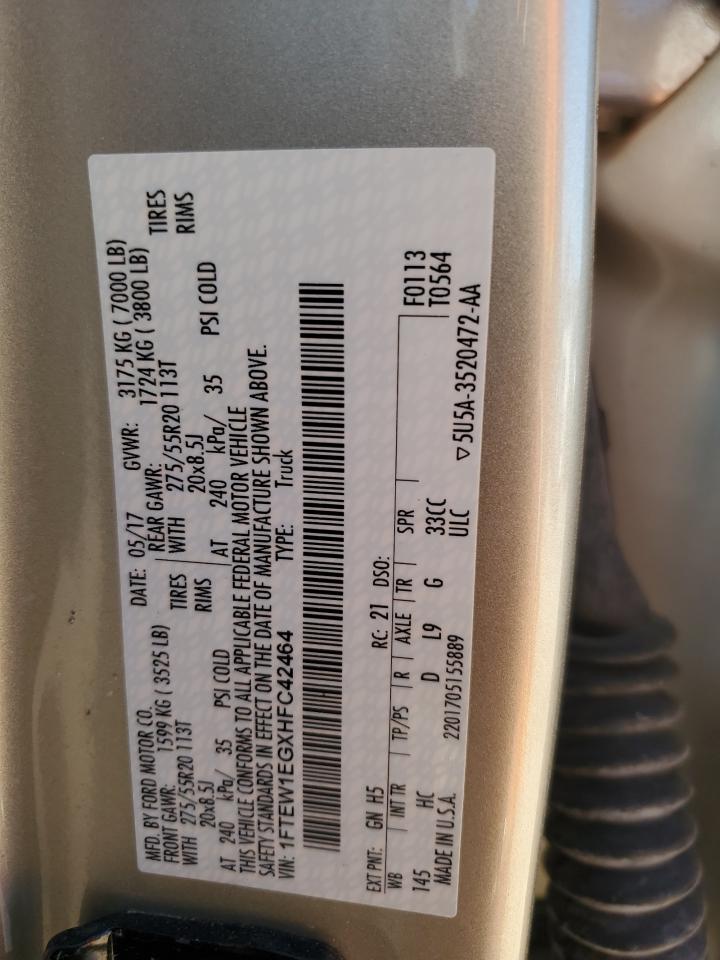 2017 Ford F-150 VIN 1FTEW1EGXHFC42464 Copart auction photo, side damage thumbnail 14