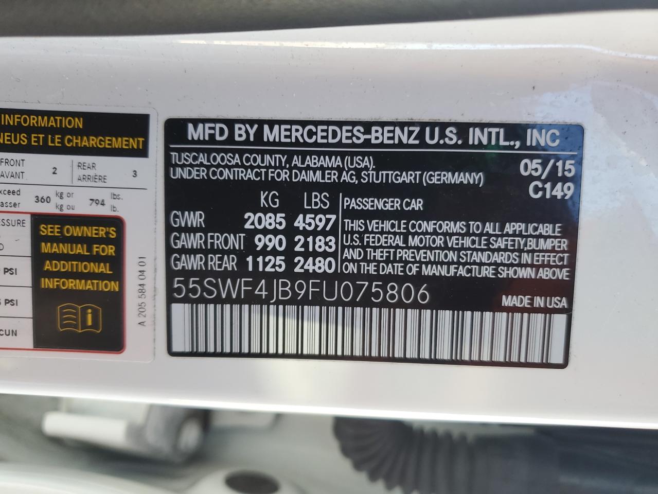 2015 Mercedes-Benz C-klasse VIN 55SWF4JB9FU075806 Copart auction photo, front end damage thumbnail 14