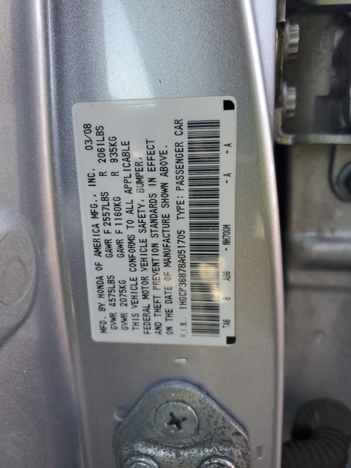2008 Honda Accord VIN 1HGCP36878A051705 Copart auction photo, minor dent/scratches damage thumbnail 12