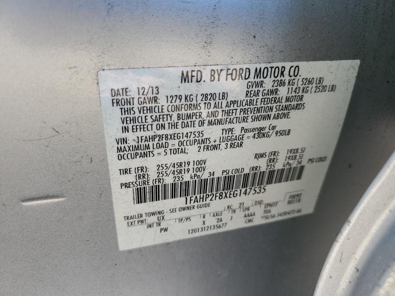 2014 Ford Taurus VIN 1FAHP2F8XEG147535 Copart auction photo, rear end / front end damage thumbnail 12