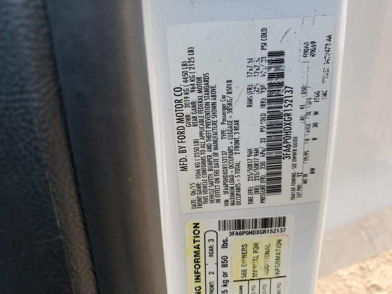 2016 Ford Fusion VIN 3FA6P0HDXGR152137 Copart auction photo, mechanical damage thumbnail 12