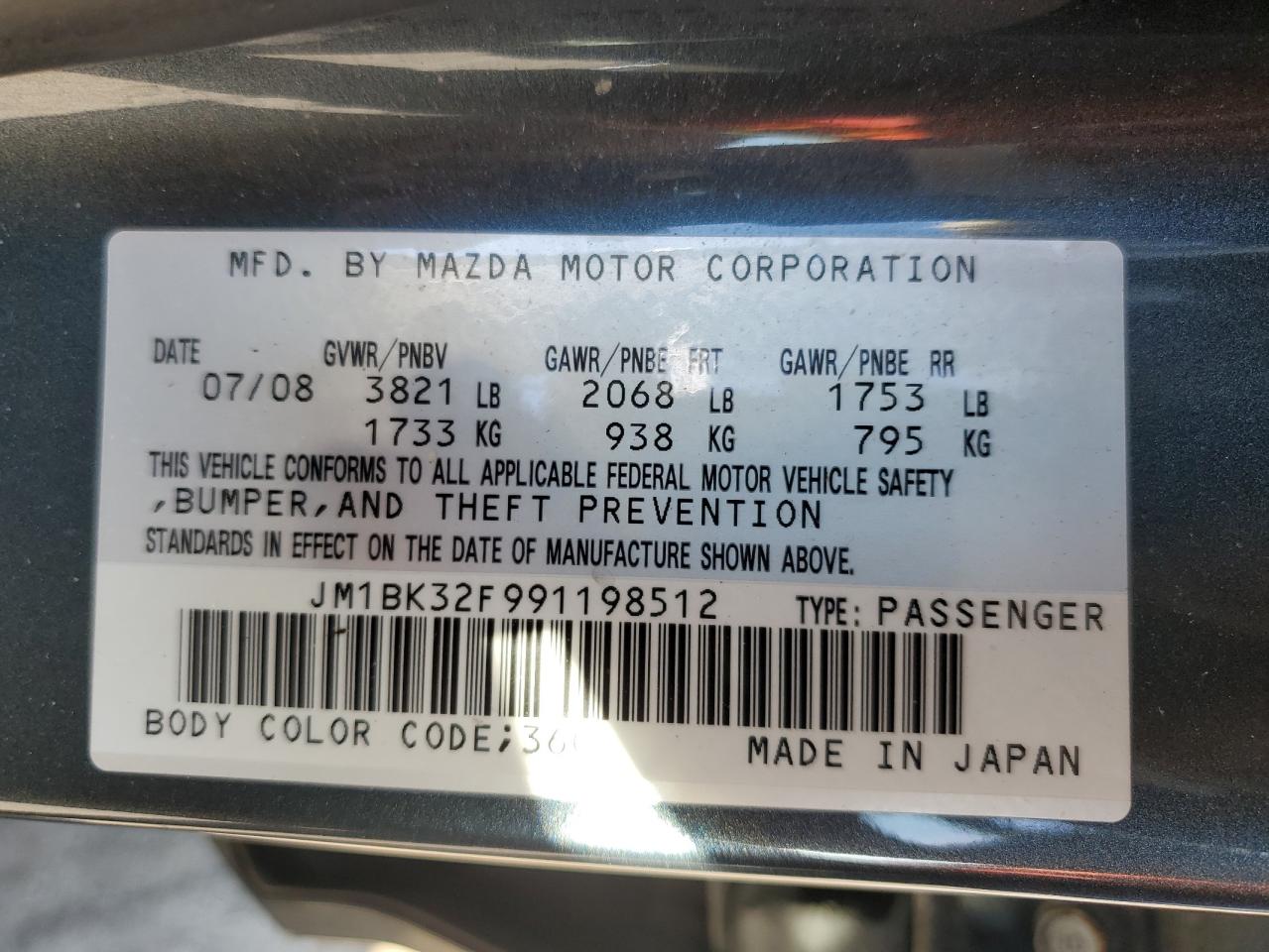 2009 Mazda 3 VIN JM1BK32F991198512 Copart auction photo, rear end damage thumbnail 14