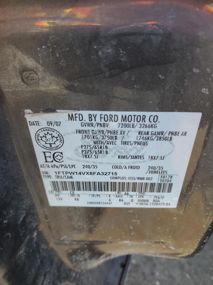 2008 Ford F-150 VIN 1FTPW14VX8FA32715 Copart auction photo, front end / mechanical damage thumbnail 12