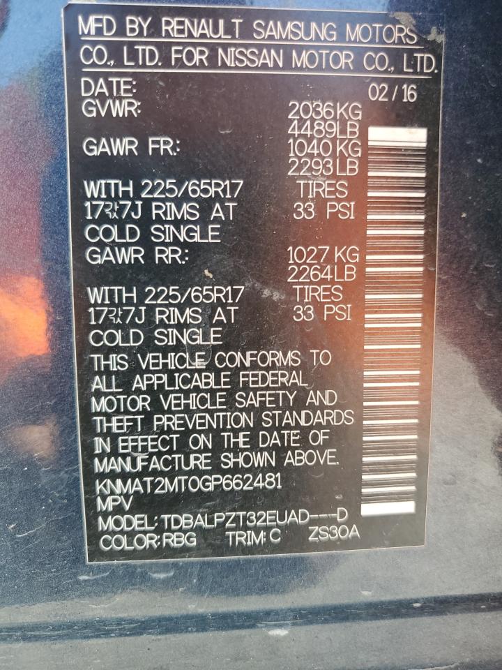 2016 Nissan Rogue VIN KNMAT2MT0GP662481 Copart auction photo, all over damage thumbnail 12