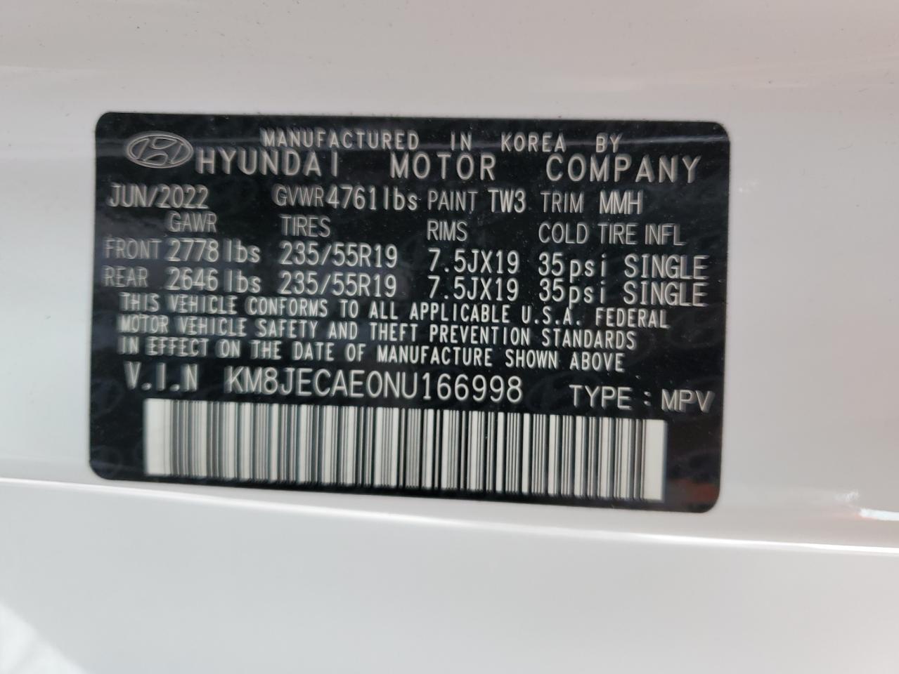 2022 Hyundai Tucson VIN KM8JECAE0NU166998 Copart auction photo, side / rear end damage thumbnail 13