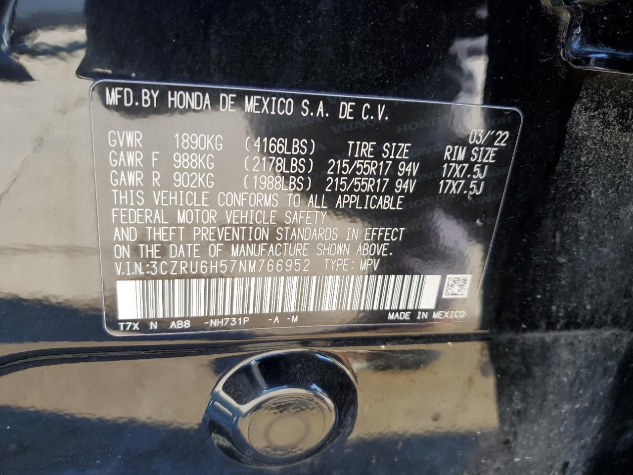 2022 Honda HR-V VIN 3CZRU6H57NM766952 Copart auction photo, side damage thumbnail 13
