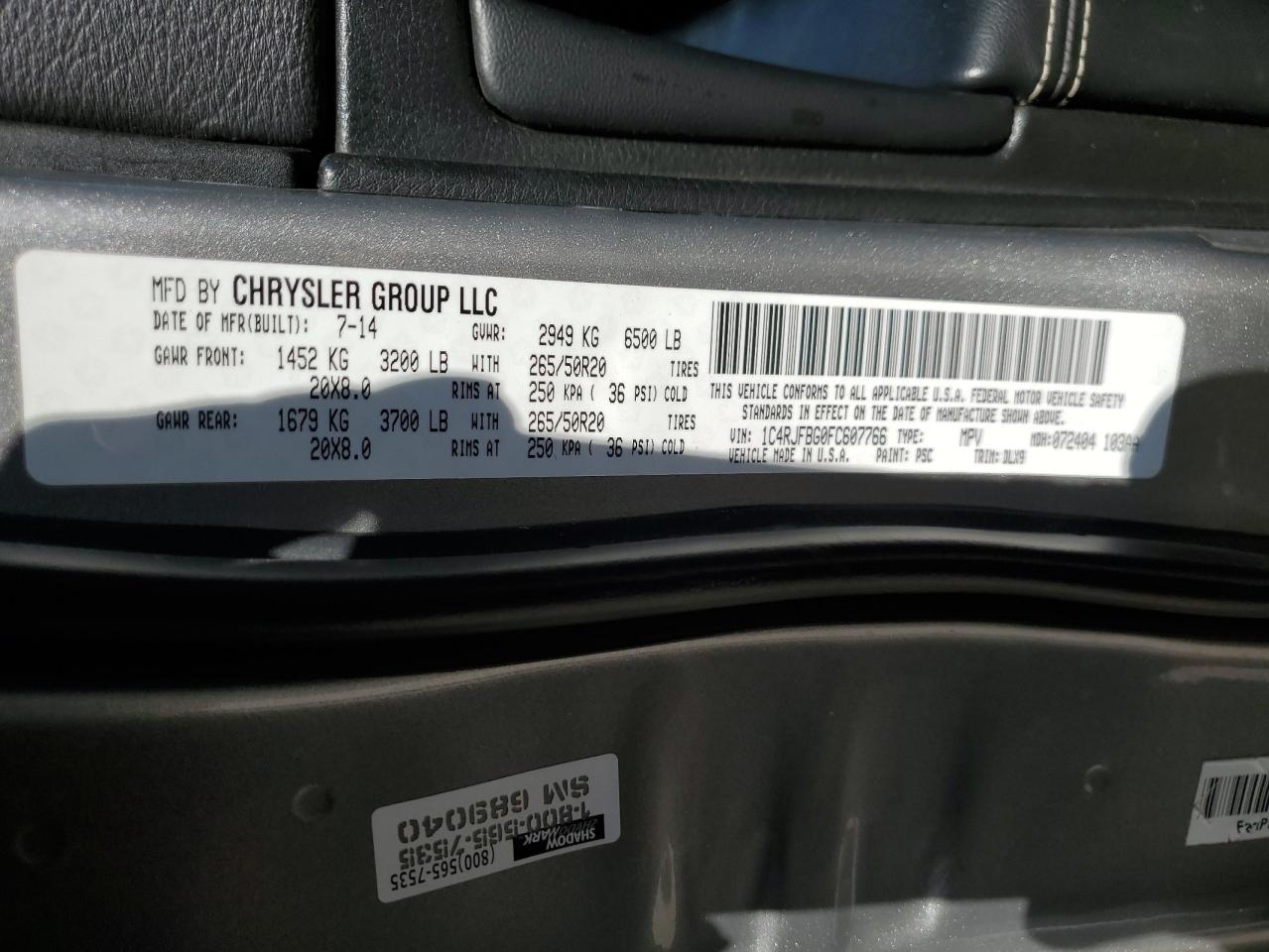 2015 Jeep Grand Cherokee VIN 1C4RJFBG0FC607766 Copart auction photo, front end / side damage thumbnail 13