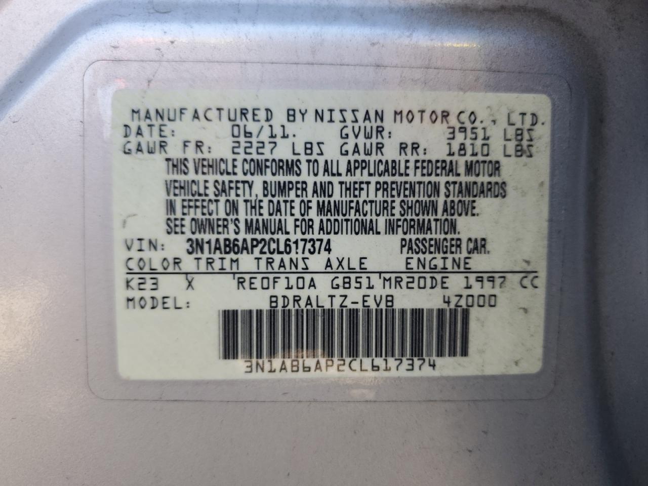 2012 Nissan Sentra VIN 3N1AB6AP2CL617374 Copart auction photo, side / rear end damage thumbnail 12