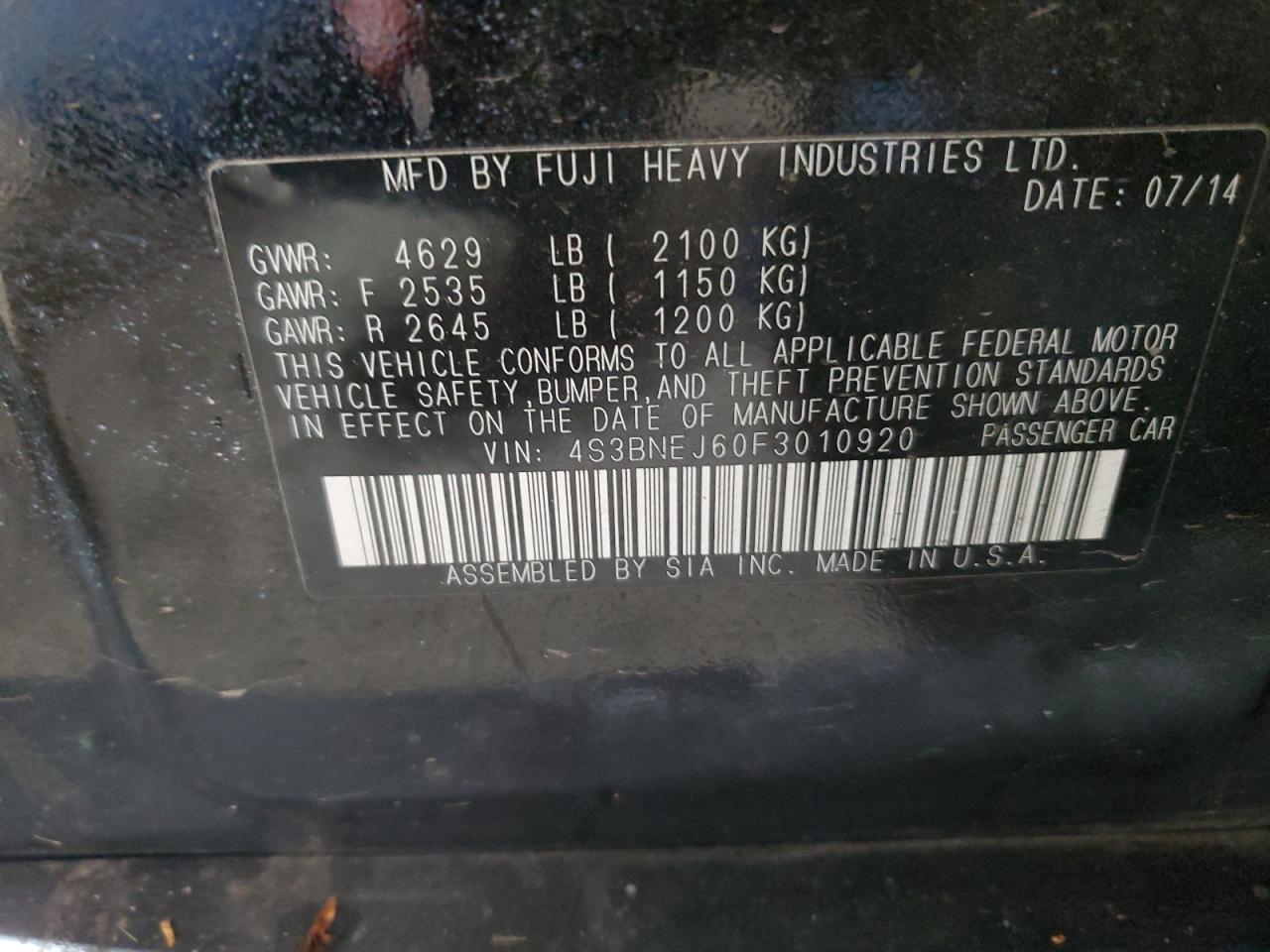 2015 Subaru Legacy VIN 4S3BNEJ60F3010920 Copart auction photo, all over damage thumbnail 12