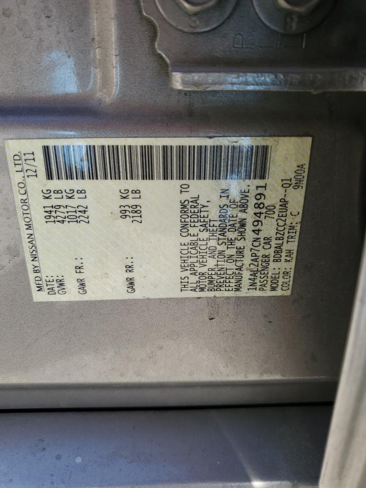 2012 Nissan Altima VIN 1N4AL2AP7CN494891 Copart auction photo, front end damage thumbnail 12