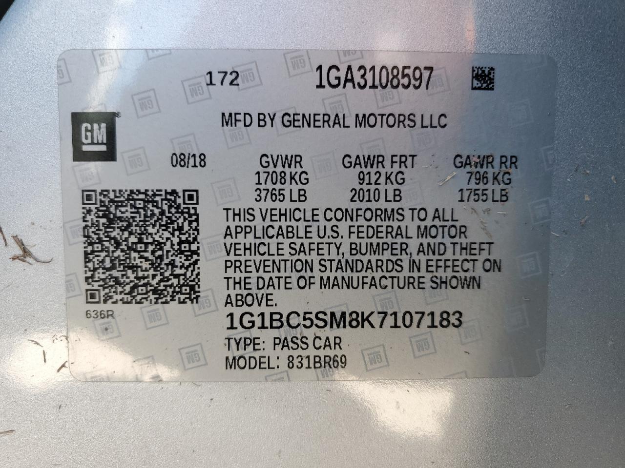 2019 Chevrolet Cruze VIN 1G1BC5SM8K7107183 Copart auction photo, water/flood damage thumbnail 13