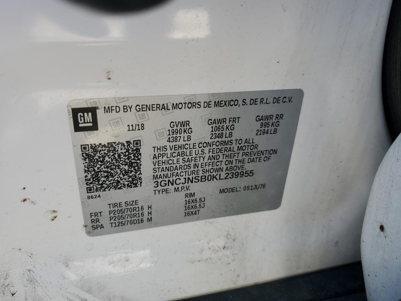 2019 Chevrolet Trax VIN 3GNCJNSB0KL239955 Copart auction photo, mechanical / front end damage thumbnail 13
