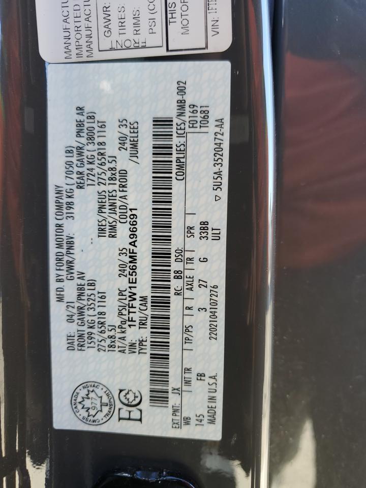 2021 Ford F-150 VIN 1FTFW1E56MFA96691 Copart auction photo, side damage thumbnail 14