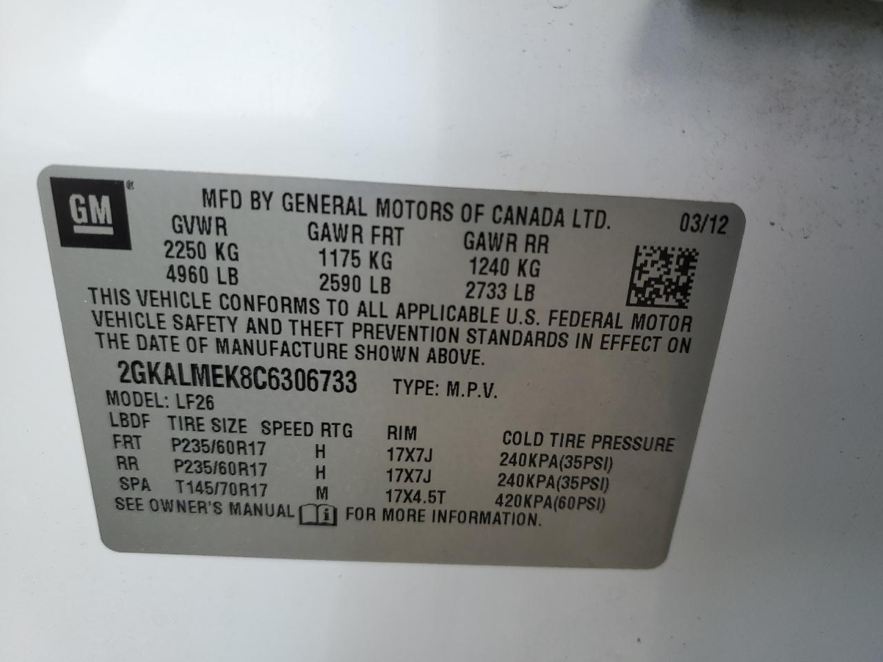 2012 GMC Terrain VIN 2GKALMEK8C6306733 Copart auction photo, front end damage thumbnail 13