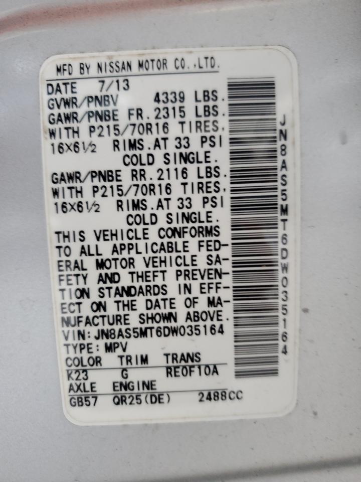 2013 Nissan Rogue VIN JN8AS5MT6DW035164 Copart auction photo, minor dent/scratches damage thumbnail 13