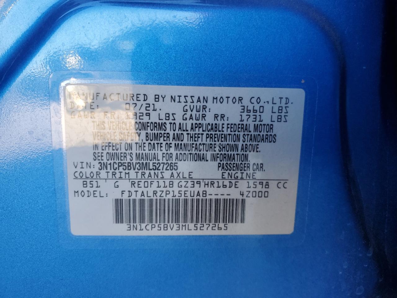 2021 Nissan Kicks VIN 3N1CP5BV3ML527265 Copart auction photo, front end damage thumbnail 15