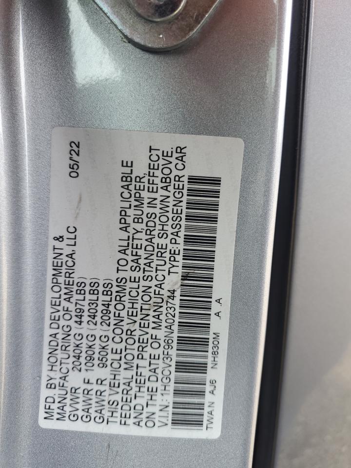 2022 Honda Accord VIN 1HGCV3F96NA023744 Copart auction photo, front end damage thumbnail 16