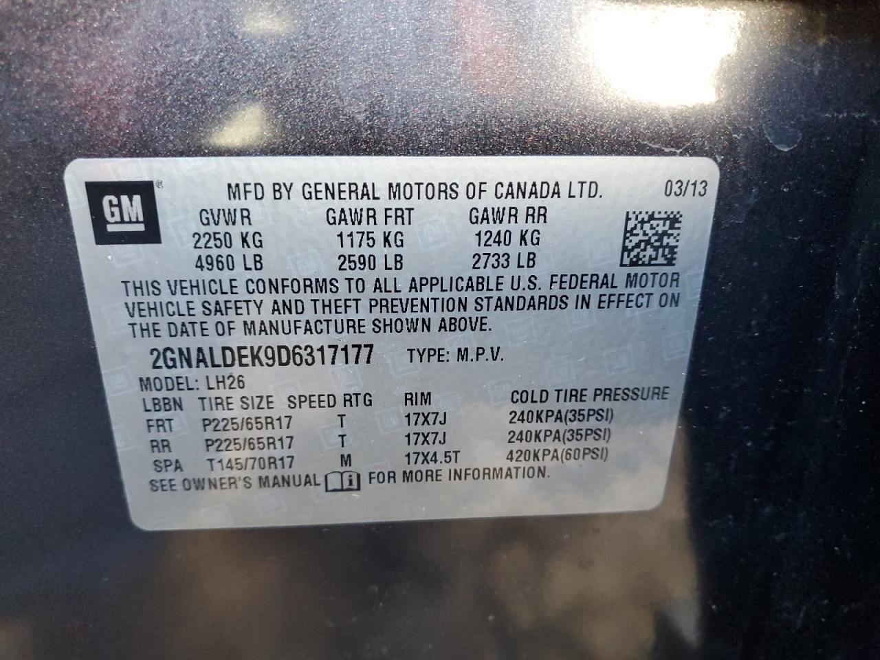 2013 Chevrolet Equinox VIN 2GNALDEK9D6317177 Copart auction photo, front end damage thumbnail 13