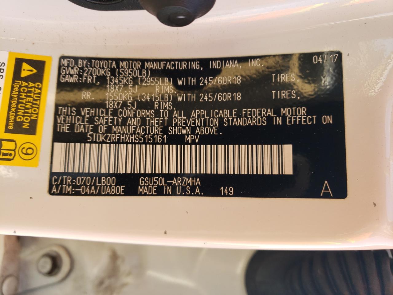 2017 Toyota Highlander VIN 5TDKZRFHXHS515161 Copart auction photo, front end damage thumbnail 13