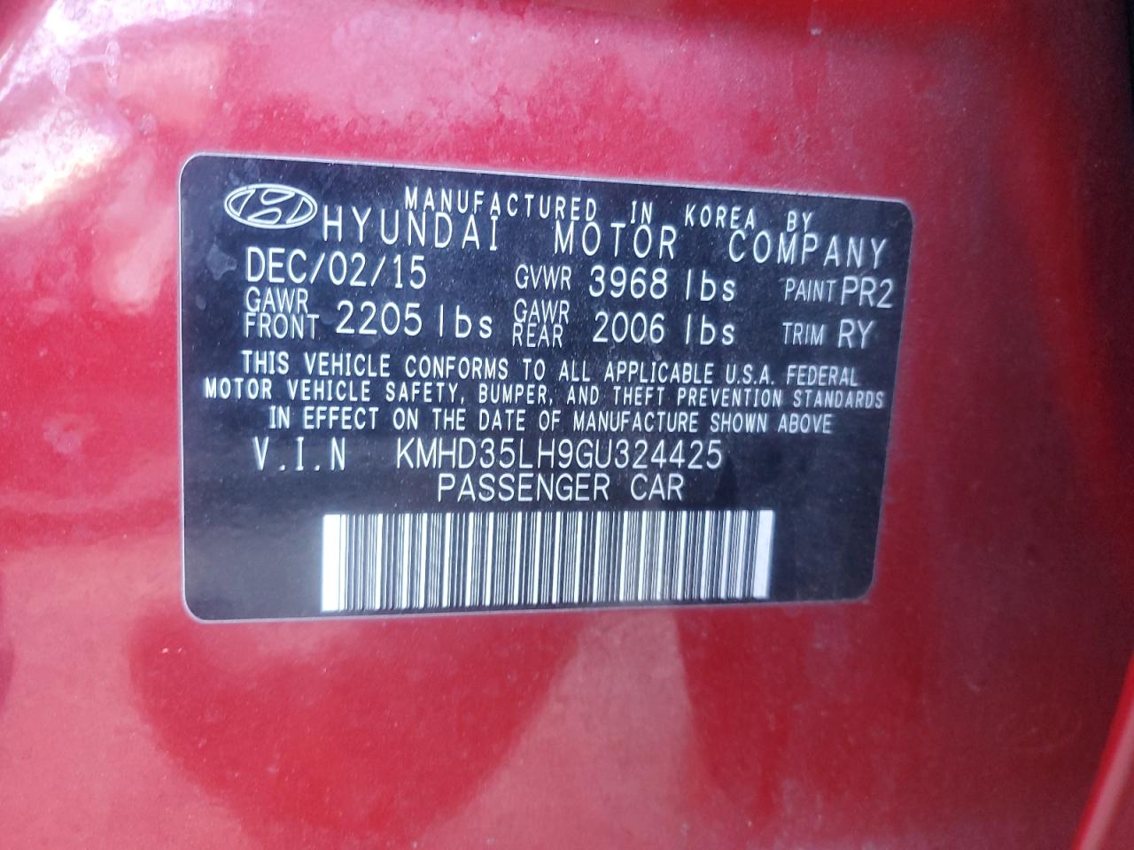 2016 Hyundai Elantra VIN KMHD35LH9GU324425 Copart auction photo, front end damage thumbnail 12