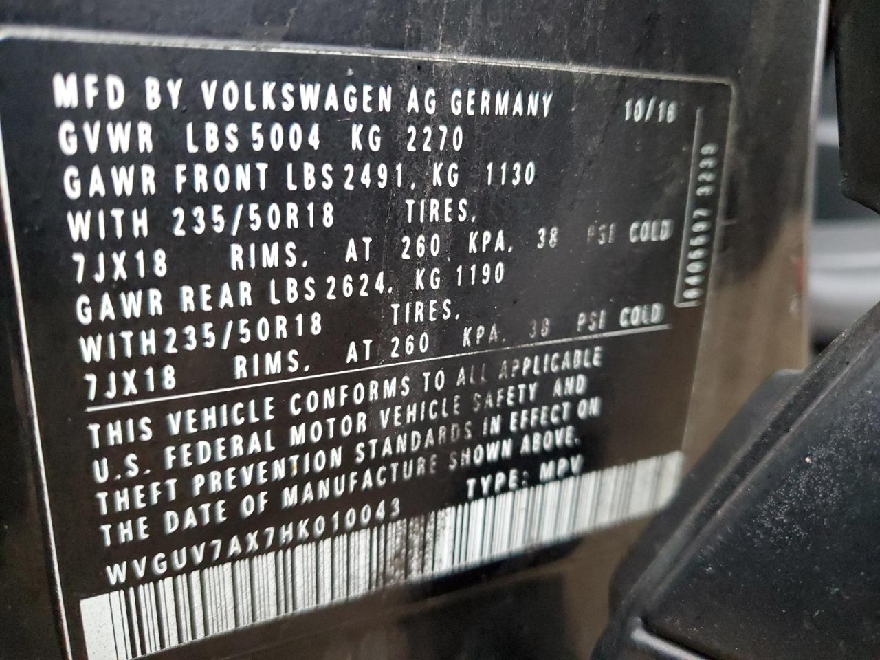 2017 Volkswagen Tiguan VIN WVGUV7AX7HK010043 Copart auction photo, front end damage thumbnail 14