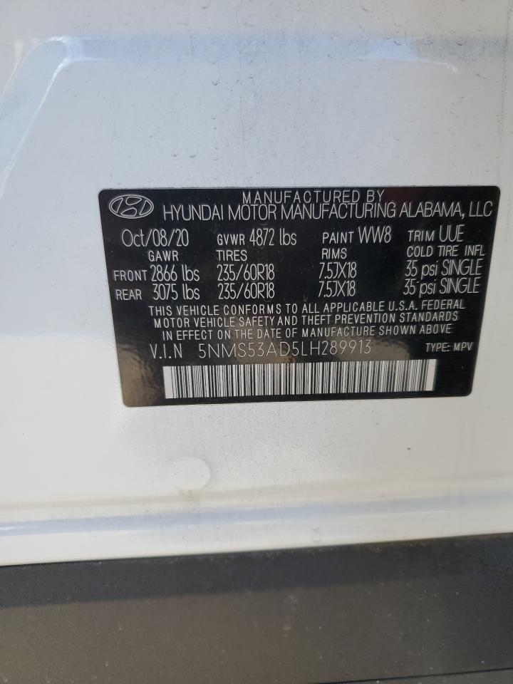 2020 Hyundai Santa Fe VIN 5NMS53AD5LH289913 Copart auction photo, rear end damage thumbnail 15
