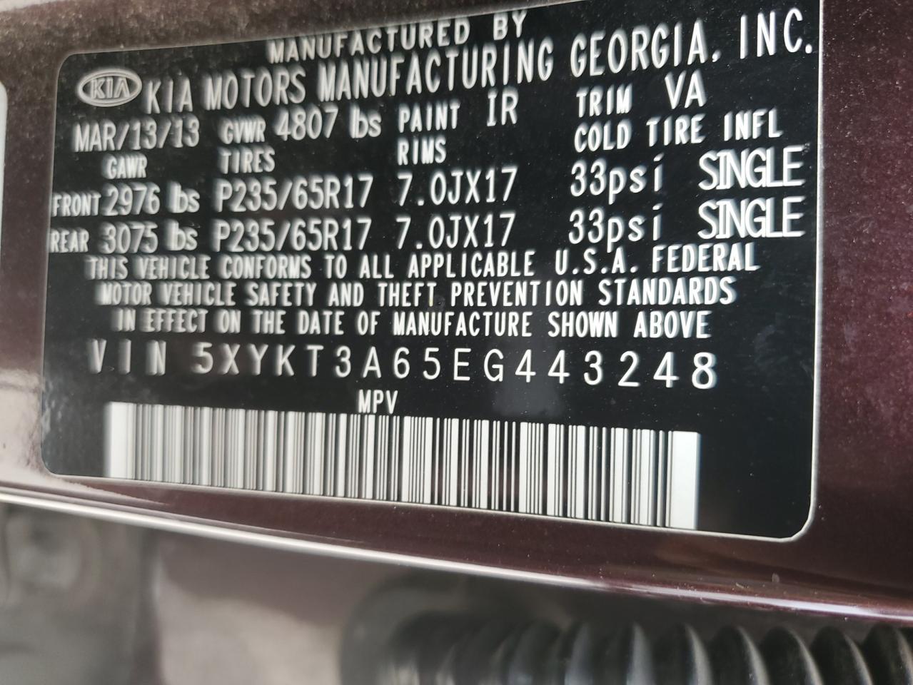 2014 KIA Sorento VIN 5XYKT3A65EG443248 Copart auction photo, front end damage thumbnail 15