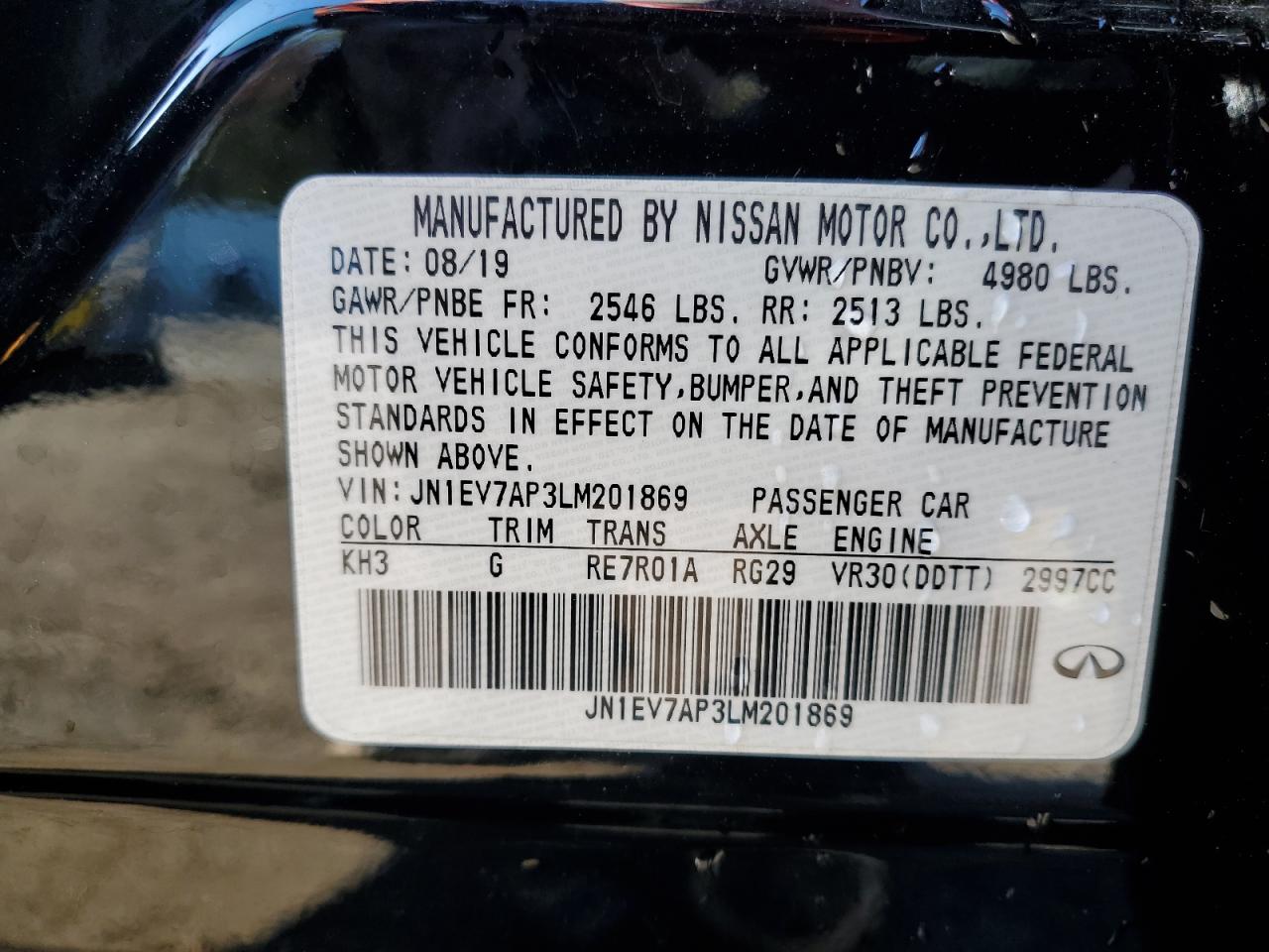 2020 Infiniti Q50 VIN JN1EV7AP3LM201869 Copart auction photo, front end / side damage thumbnail 12