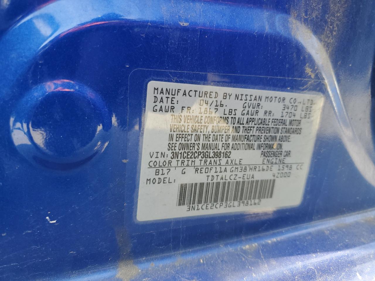 2016 Nissan Versa VIN 3N1CE2CP3GL398162 Copart auction photo, side damage thumbnail 13