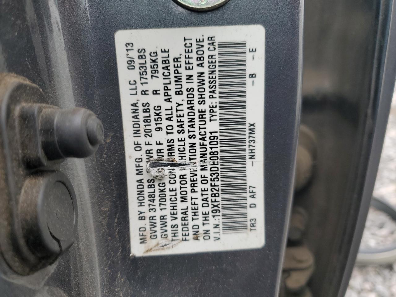 2013 Honda Civic VIN 19XFB2F53DE081091 Copart auction photo, rear end / side damage thumbnail 13